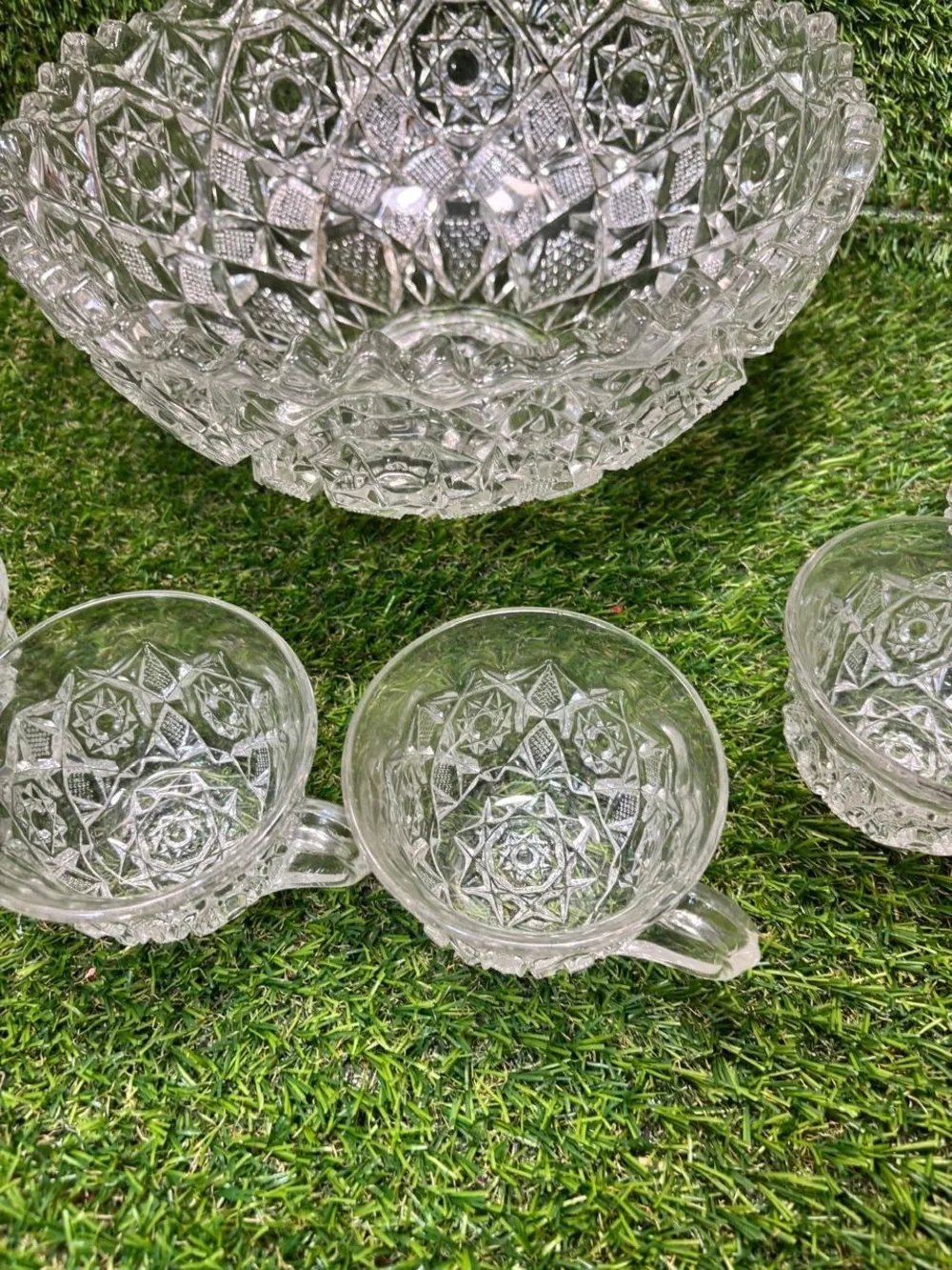 Rich's Department Store Pressed Glass Punch Bowl Set 7pc Star Pattern Clear